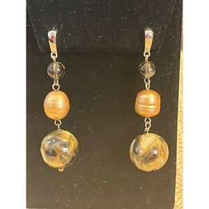 Sterling 925 Boho Bead Drop Earrings Peach Pearl & Stone Dangle 
Y2K Old Money